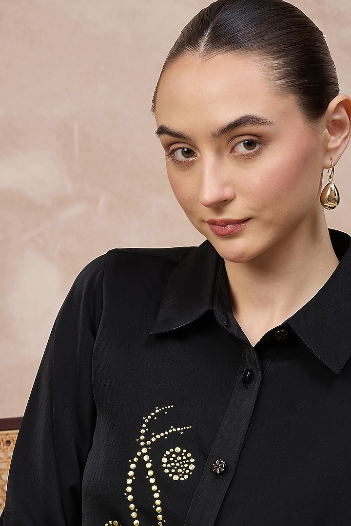Black Polyester Crepe Embroidered Shirt by First Resort by Ramola Bachchan at Pernia's Pop Up Shop