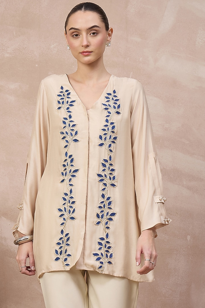 Beige & Blue Bamberg Modal Satin Embroidered Top by First Resort by Ramola Bachchan at Pernia's Pop Up Shop