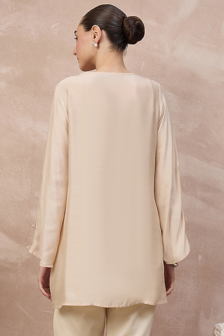 Beige & Blue Bamberg Modal Satin Embroidered Top by First Resort by Ramola Bachchan at Pernia's Pop Up Shop