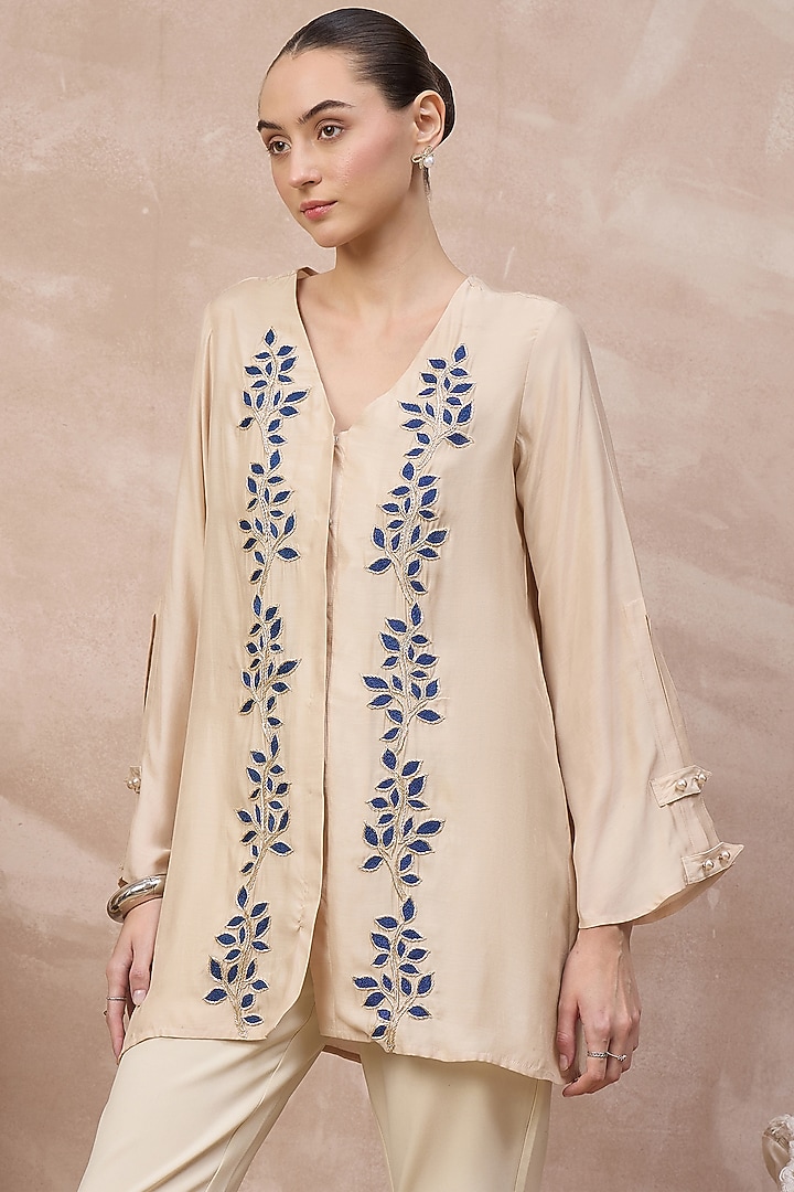 Beige & Blue Bamberg Modal Satin Embroidered Top by First Resort by Ramola Bachchan at Pernia's Pop Up Shop