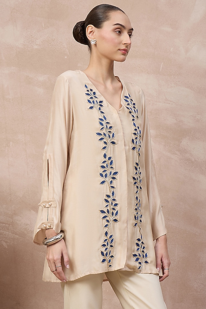 Beige & Blue Bamberg Modal Satin Embroidered Top by First Resort by Ramola Bachchan at Pernia's Pop Up Shop