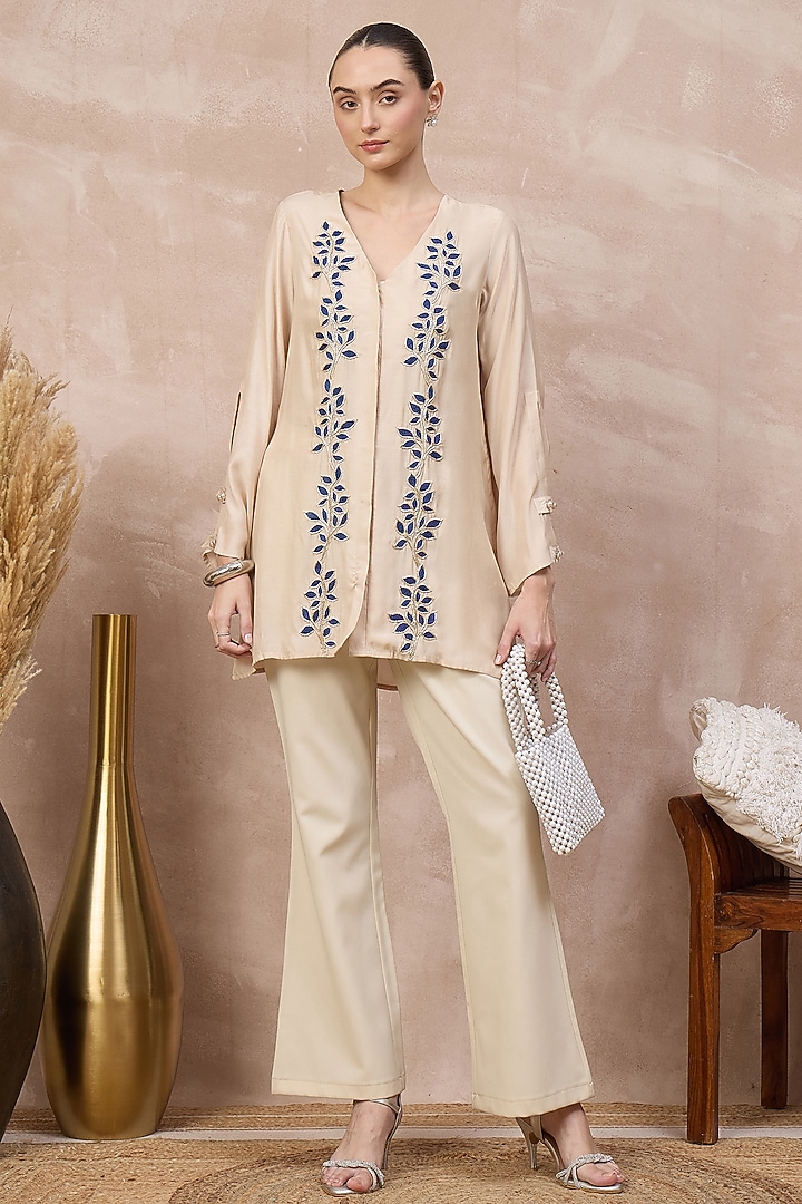 Beige & Blue Bamberg Modal Satin Embroidered Top by First Resort by Ramola Bachchan at Pernia's Pop Up Shop