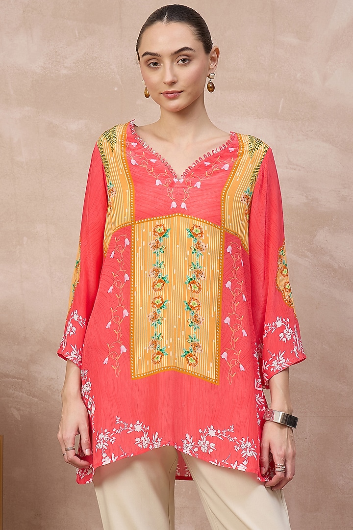 Red Viscose Crepe Embellished Panelled Top by First Resort by Ramola Bachchan at Pernia's Pop Up Shop