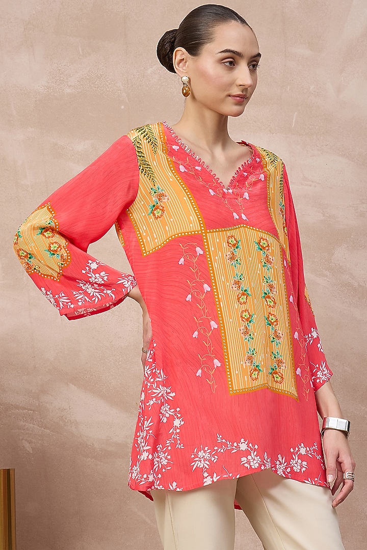 Red Viscose Crepe Embellished Panelled Top by First Resort by Ramola Bachchan at Pernia's Pop Up Shop