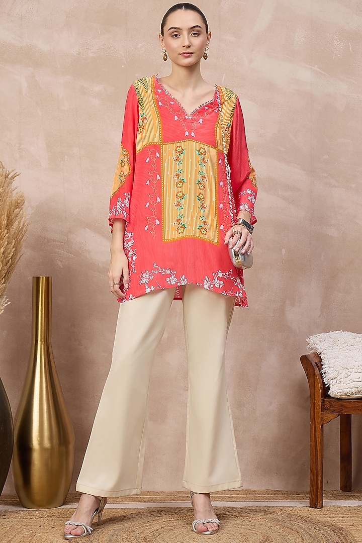 Red Viscose Crepe Embellished Panelled Top by First Resort by Ramola Bachchan at Pernia's Pop Up Shop