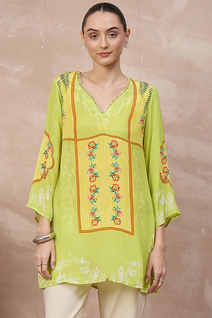 Lime Viscose Crepe Embellished Panelled Top by First Resort by Ramola Bachchan at Pernia's Pop Up Shop