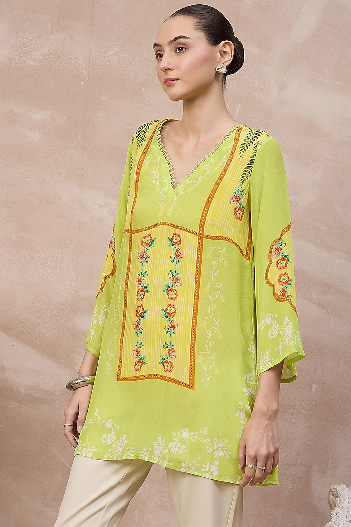 Lime Viscose Crepe Embellished Panelled Top by First Resort by Ramola Bachchan at Pernia's Pop Up Shop
