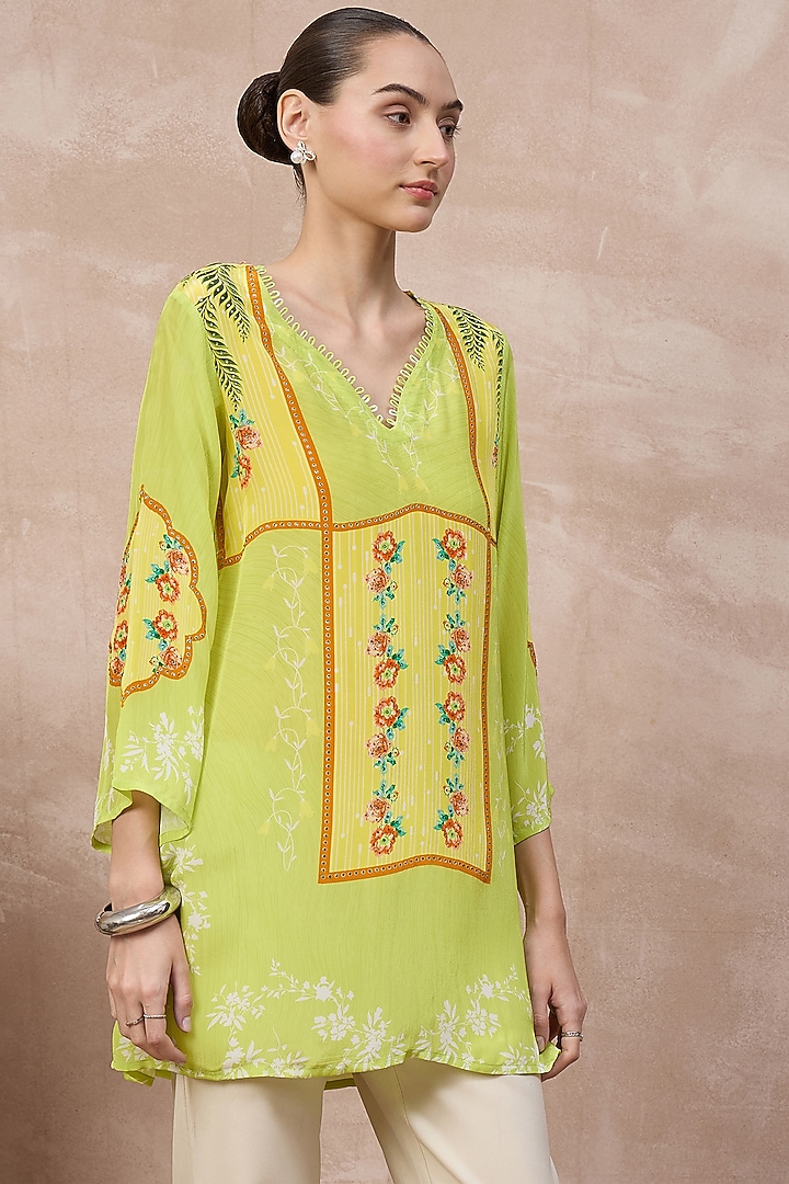 Lime Viscose Crepe Embellished Panelled Top by First Resort by Ramola Bachchan at Pernia's Pop Up Shop