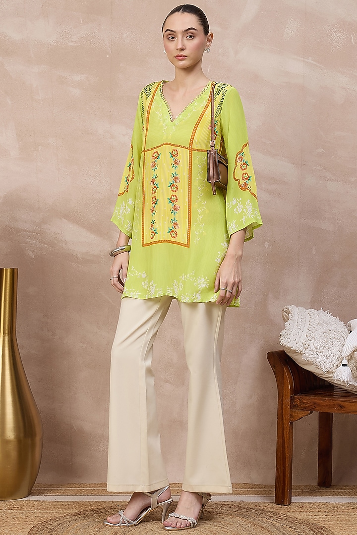 Lime Viscose Crepe Embellished Panelled Top by First Resort by Ramola Bachchan at Pernia's Pop Up Shop