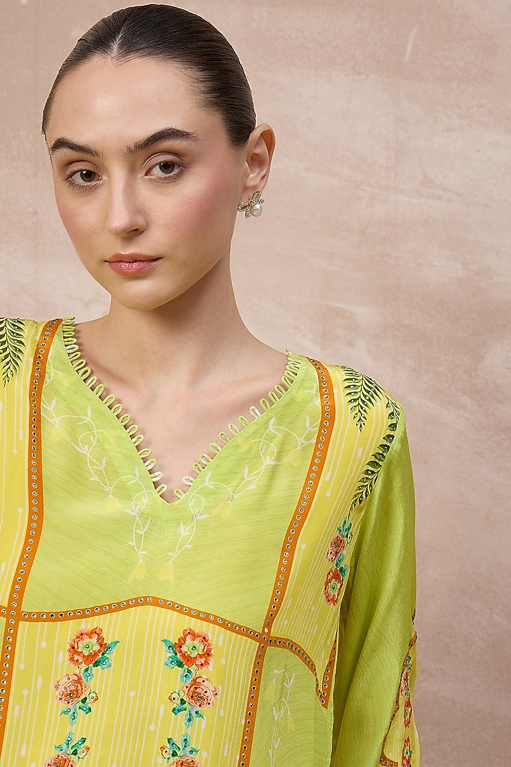 Lime Viscose Crepe Embellished Panelled Top by First Resort by Ramola Bachchan at Pernia's Pop Up Shop