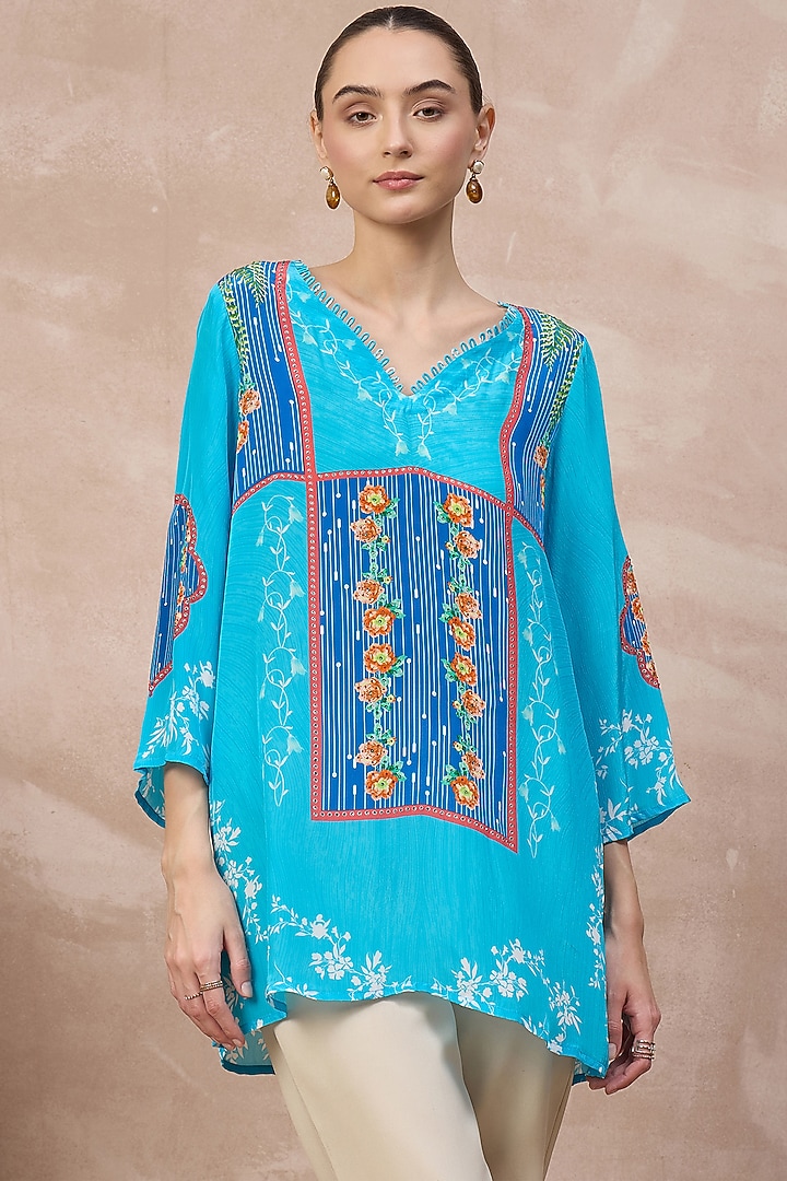 Blue Viscose Crepe Embellished Panelled Top by First Resort by Ramola Bachchan at Pernia's Pop Up Shop