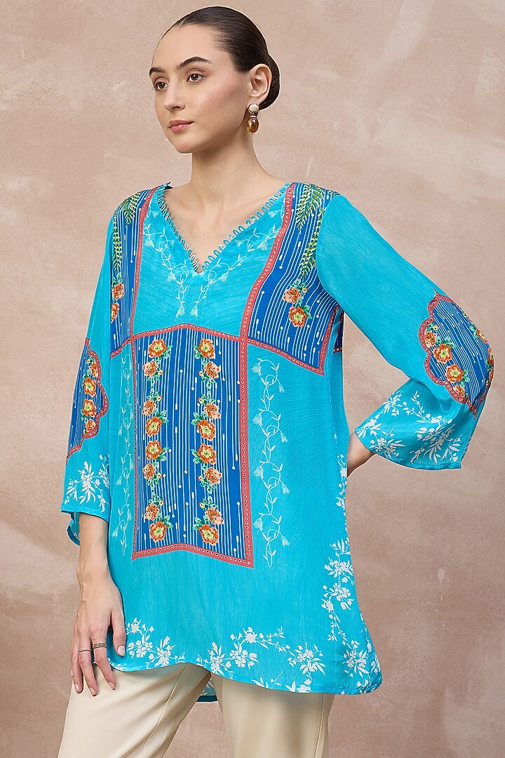 Blue Viscose Crepe Embellished Panelled Top by First Resort by Ramola Bachchan at Pernia's Pop Up Shop