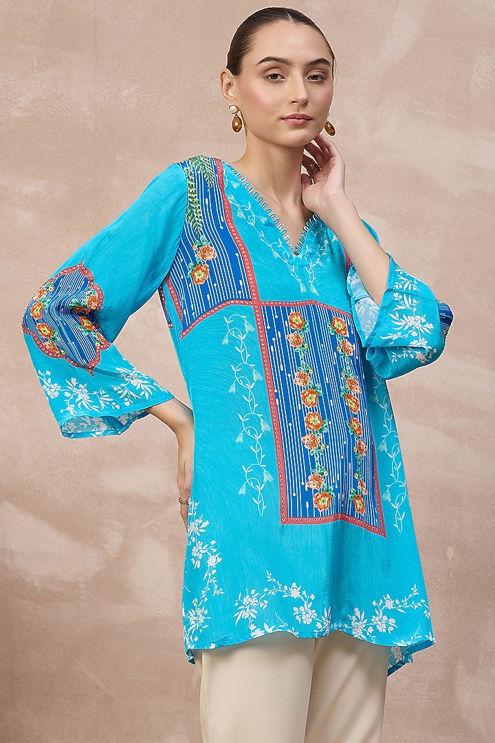 Blue Viscose Crepe Embellished Panelled Top by First Resort by Ramola Bachchan at Pernia's Pop Up Shop