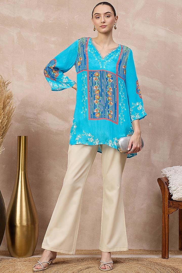 Blue Viscose Crepe Embellished Panelled Top by First Resort by Ramola Bachchan at Pernia's Pop Up Shop