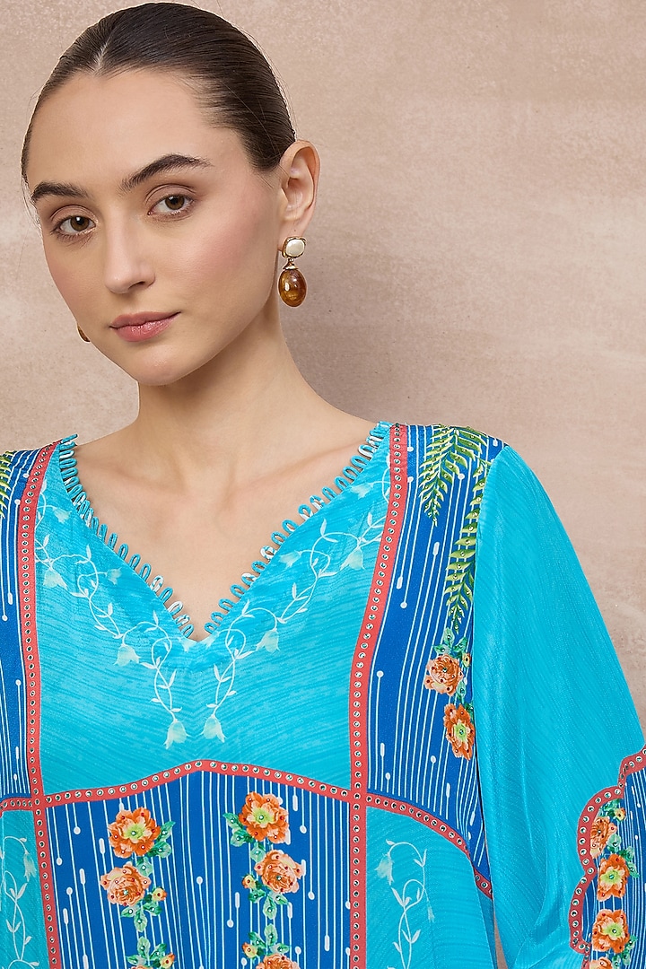 Blue Viscose Crepe Embellished Panelled Top by First Resort by Ramola Bachchan at Pernia's Pop Up Shop