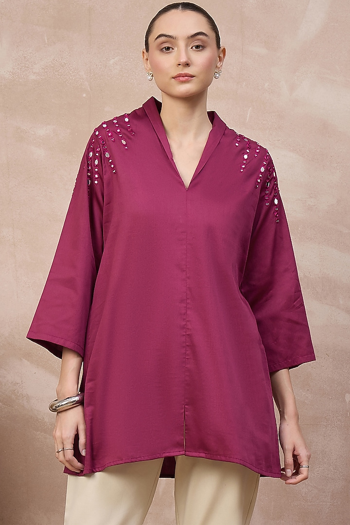 Plum Cotton Satin Embellished Top by First Resort by Ramola Bachchan at Pernia's Pop Up Shop