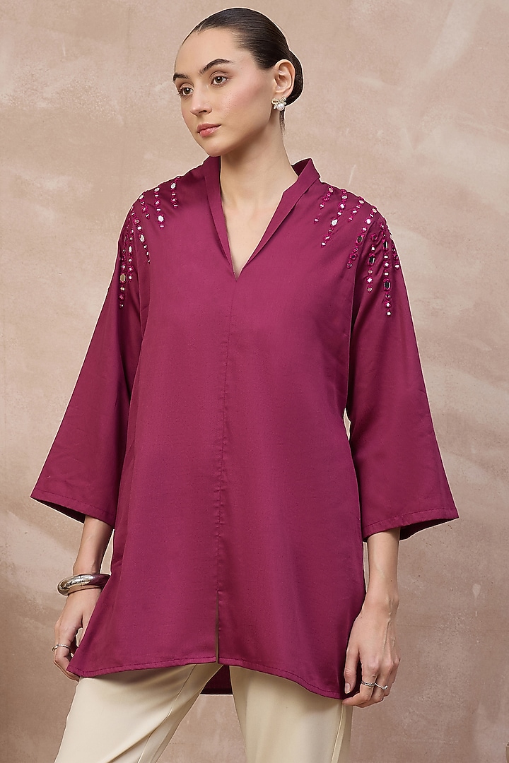 Plum Cotton Satin Embellished Top by First Resort by Ramola Bachchan at Pernia's Pop Up Shop