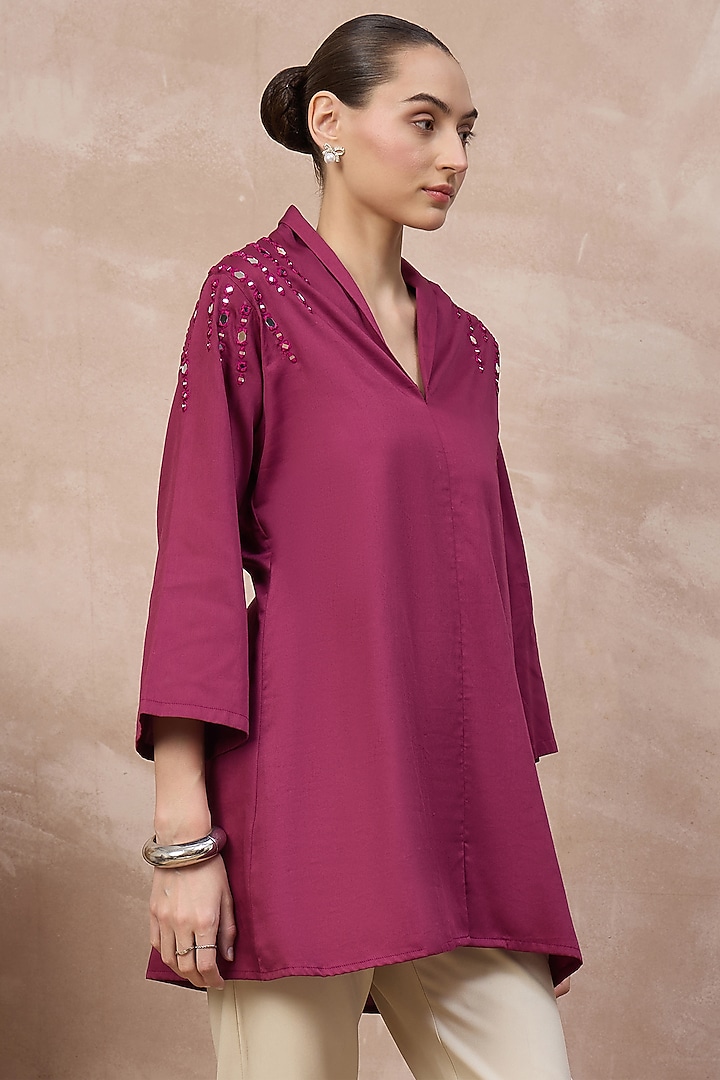 Plum Cotton Satin Embellished Top by First Resort by Ramola Bachchan at Pernia's Pop Up Shop
