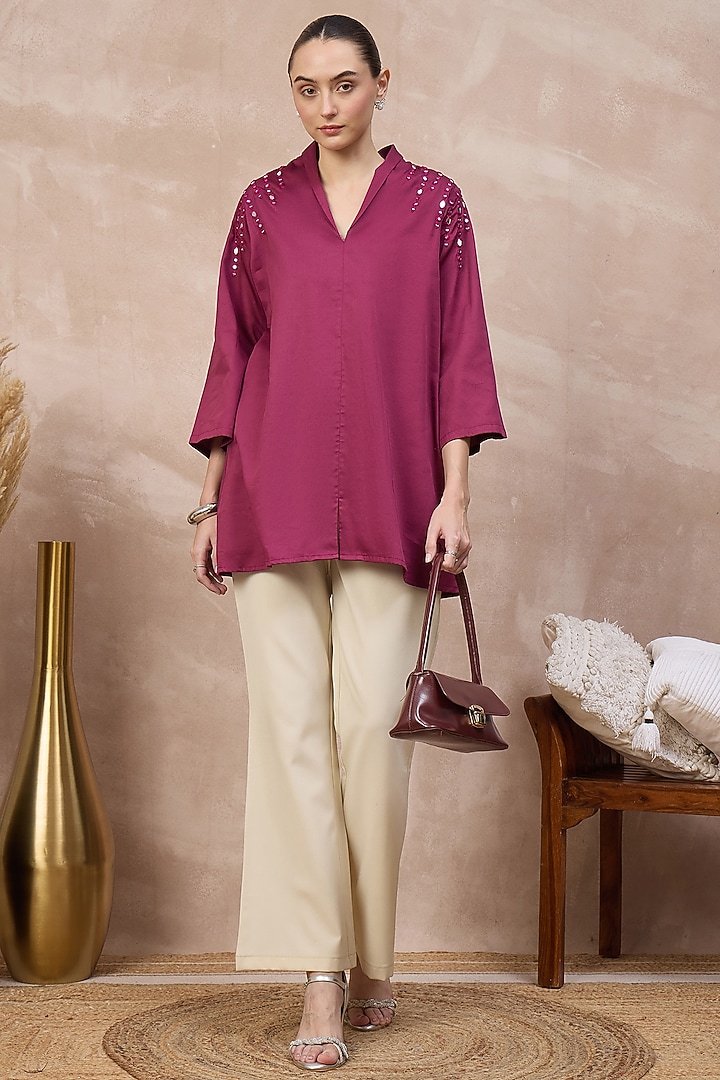 Plum Cotton Satin Embellished Top by First Resort by Ramola Bachchan at Pernia's Pop Up Shop