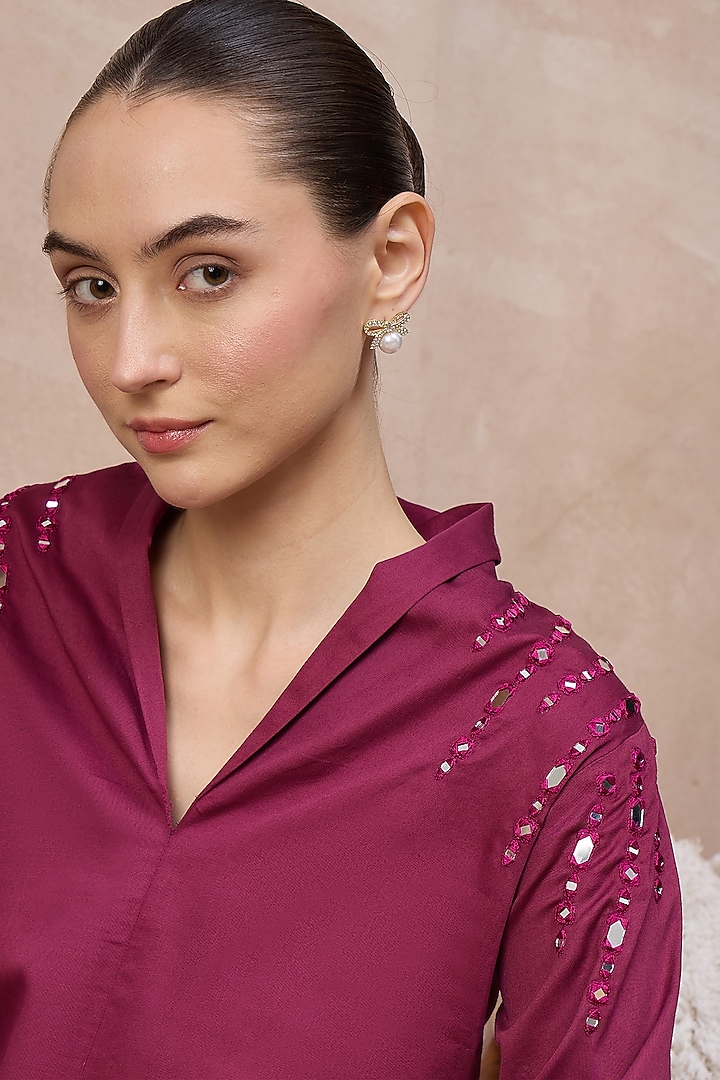 Plum Cotton Satin Embellished Top by First Resort by Ramola Bachchan at Pernia's Pop Up Shop