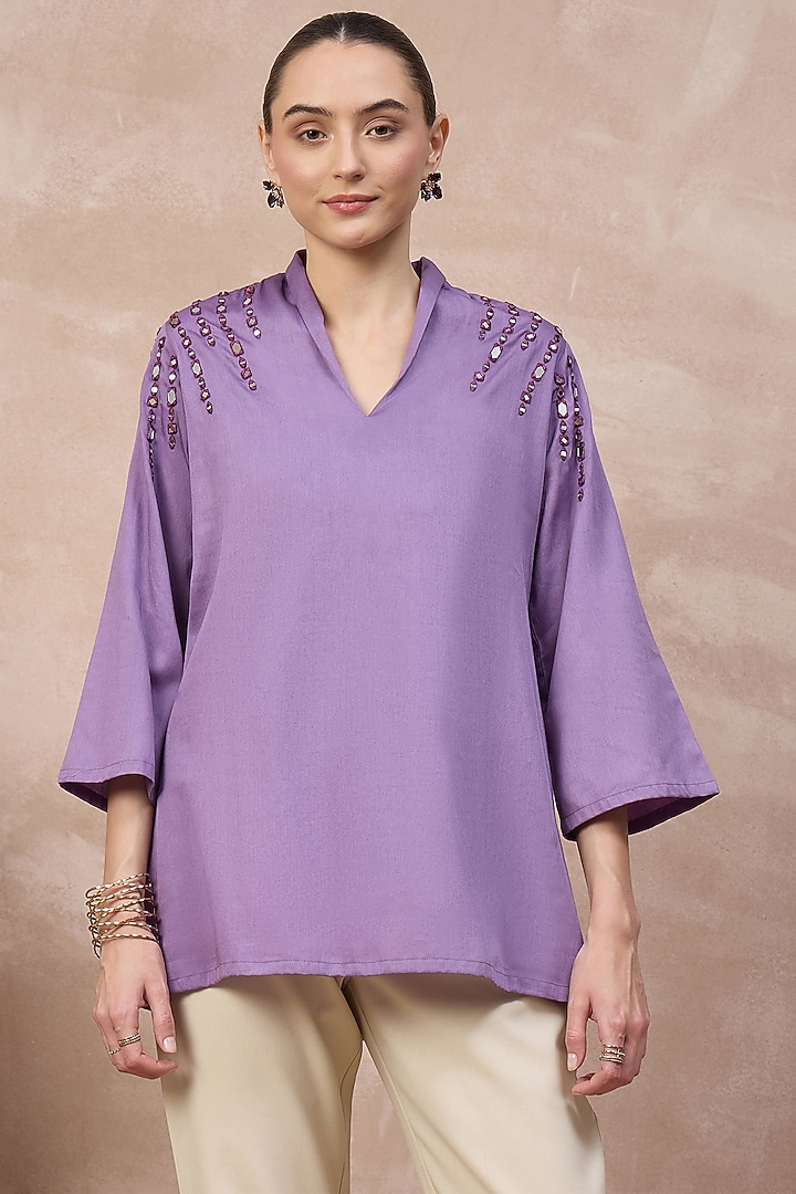 Lilac Cotton Satin Embellished Top by First Resort by Ramola Bachchan at Pernia's Pop Up Shop