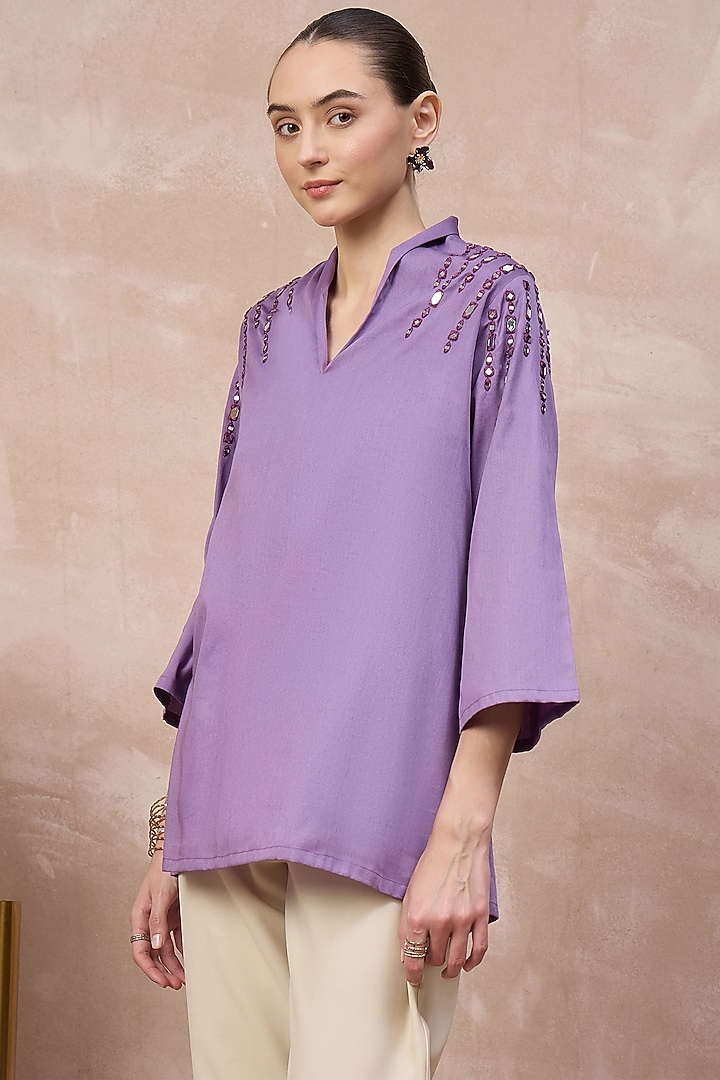 Lilac Cotton Satin Embellished Top by First Resort by Ramola Bachchan at Pernia's Pop Up Shop