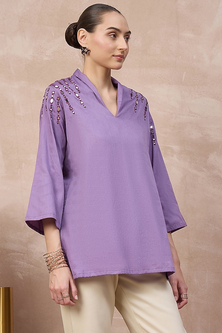 Lilac Cotton Satin Embellished Top by First Resort by Ramola Bachchan at Pernia's Pop Up Shop
