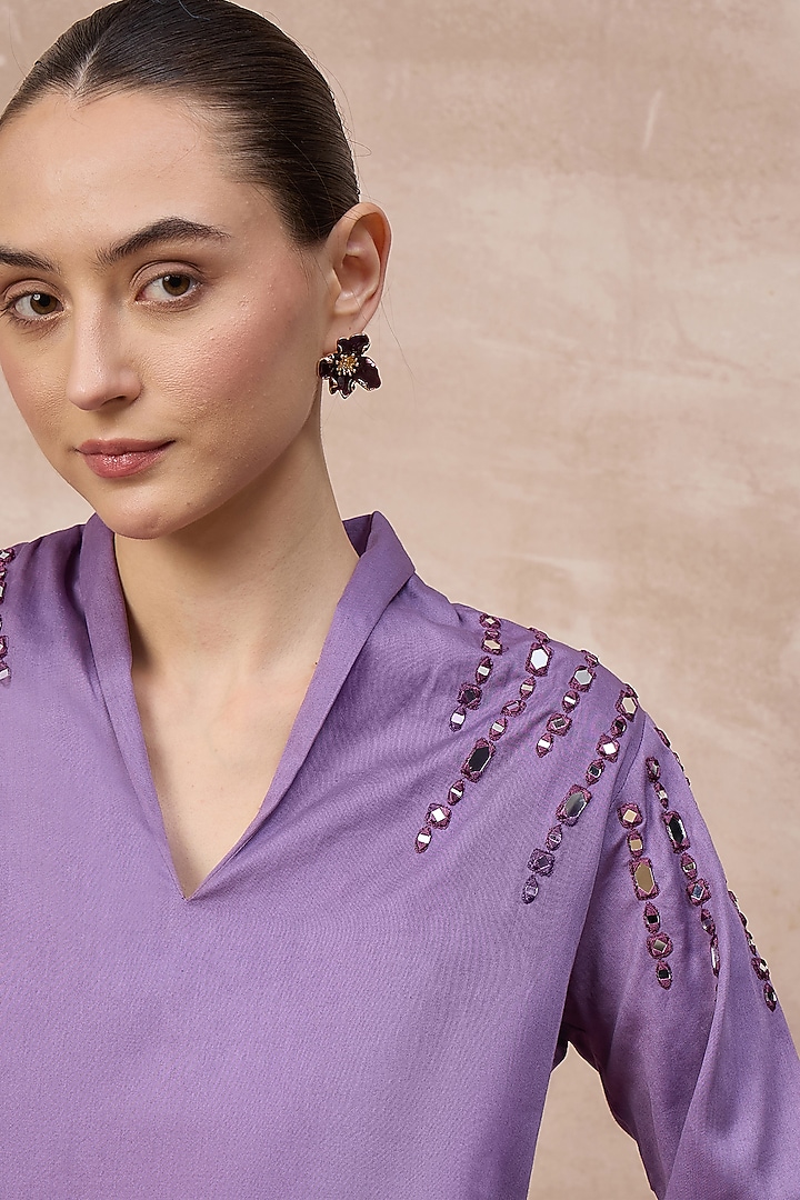 Lilac Cotton Satin Embellished Top by First Resort by Ramola Bachchan at Pernia's Pop Up Shop