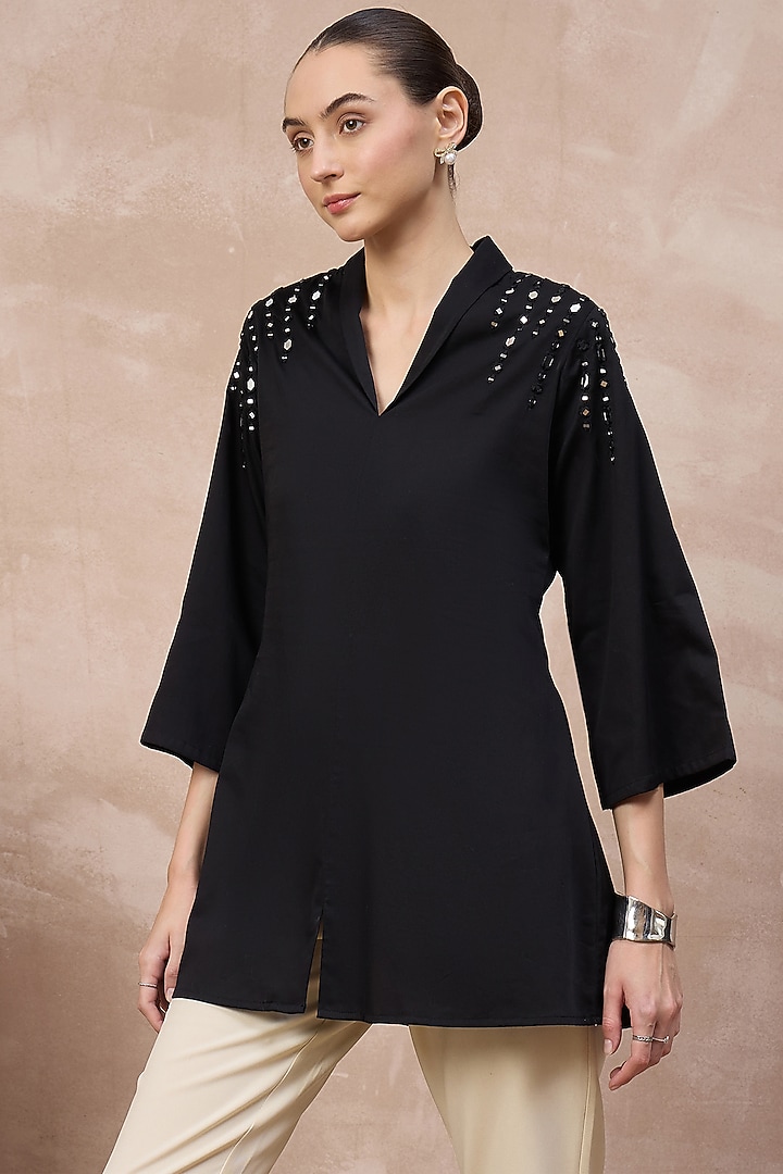 Black Cotton Satin Embellished Top by First Resort by Ramola Bachchan at Pernia's Pop Up Shop