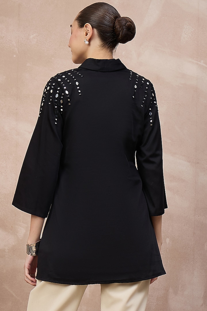 Black Cotton Satin Embellished Top by First Resort by Ramola Bachchan at Pernia's Pop Up Shop