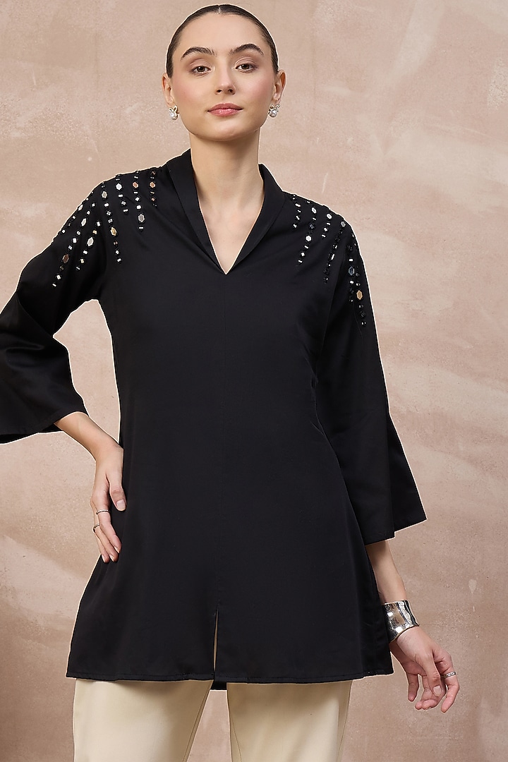Black Cotton Satin Embellished Top by First Resort by Ramola Bachchan at Pernia's Pop Up Shop