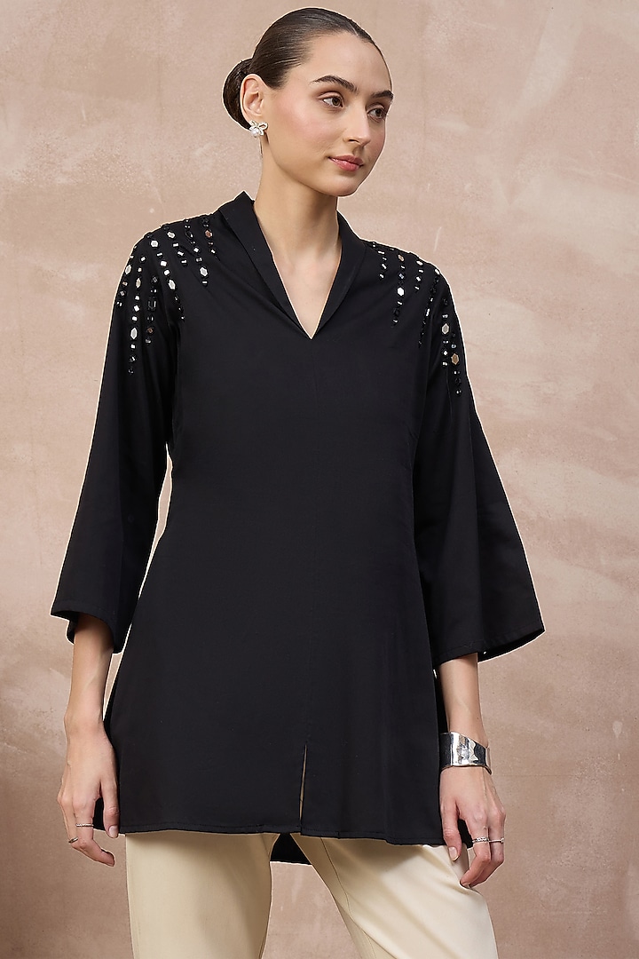 Black Cotton Satin Embellished Top by First Resort by Ramola Bachchan at Pernia's Pop Up Shop