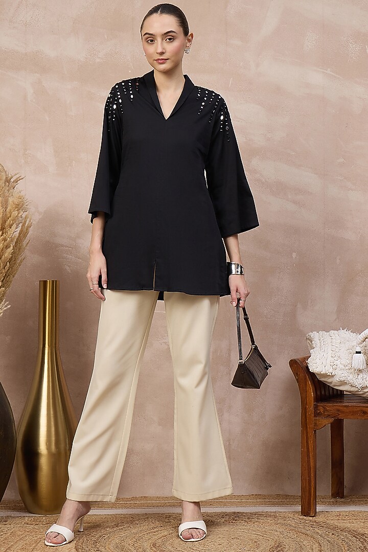 Black Cotton Satin Embellished Top by First Resort by Ramola Bachchan at Pernia's Pop Up Shop