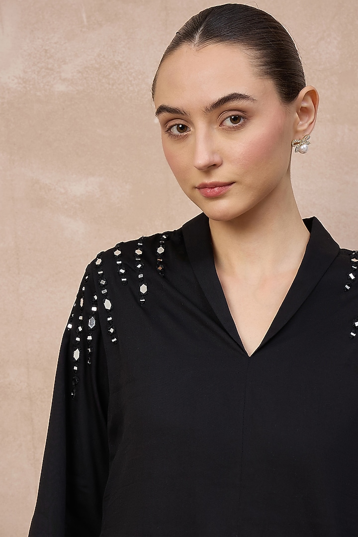 Black Cotton Satin Embellished Top by First Resort by Ramola Bachchan at Pernia's Pop Up Shop