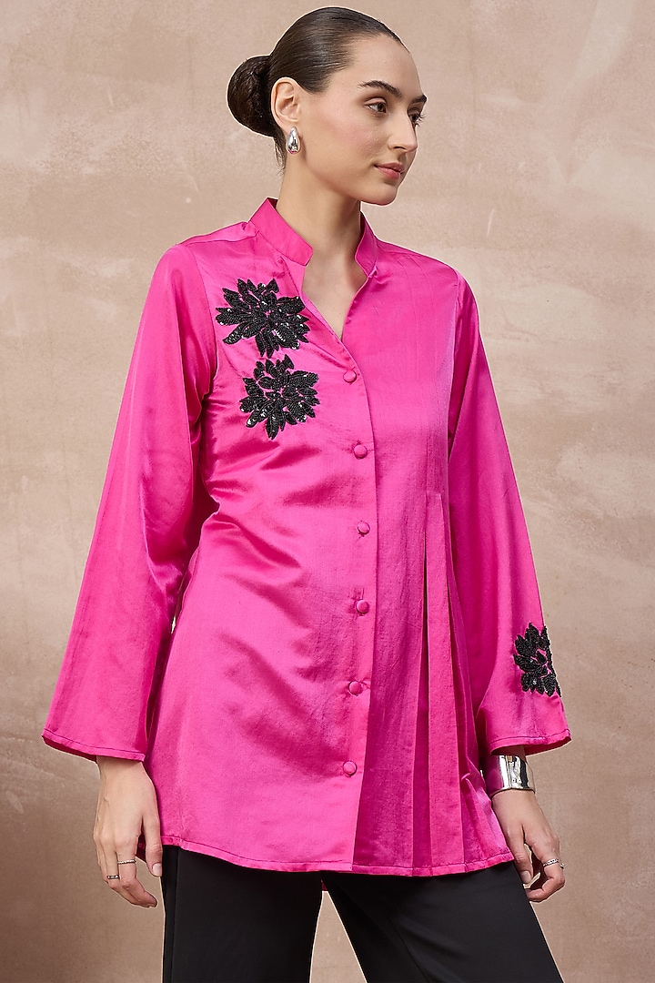 Hot Pink Cotton Silk Hand Embellished Pleated Shirt by First Resort by Ramola Bachchan at Pernia's Pop Up Shop