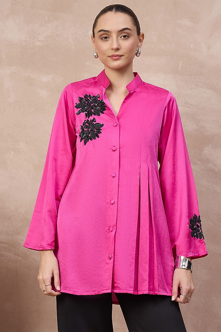 Hot Pink Cotton Silk Hand Embellished Pleated Shirt by First Resort by Ramola Bachchan at Pernia's Pop Up Shop