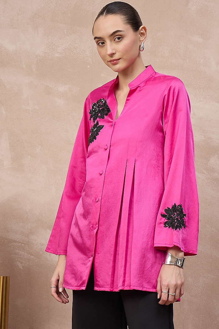 Hot Pink Cotton Silk Hand Embellished Pleated Shirt by First Resort by Ramola Bachchan at Pernia's Pop Up Shop
