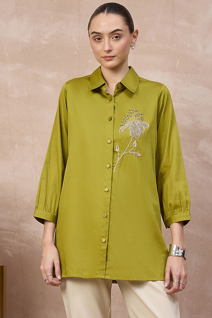 Olive Cotton Satin Hand Embroidered Shirt by First Resort by Ramola Bachchan at Pernia's Pop Up Shop