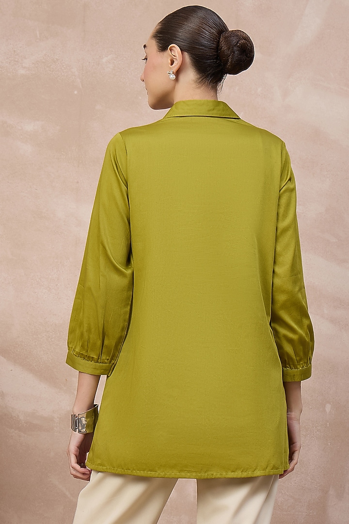 Olive Cotton Satin Hand Embroidered Shirt by First Resort by Ramola Bachchan at Pernia's Pop Up Shop