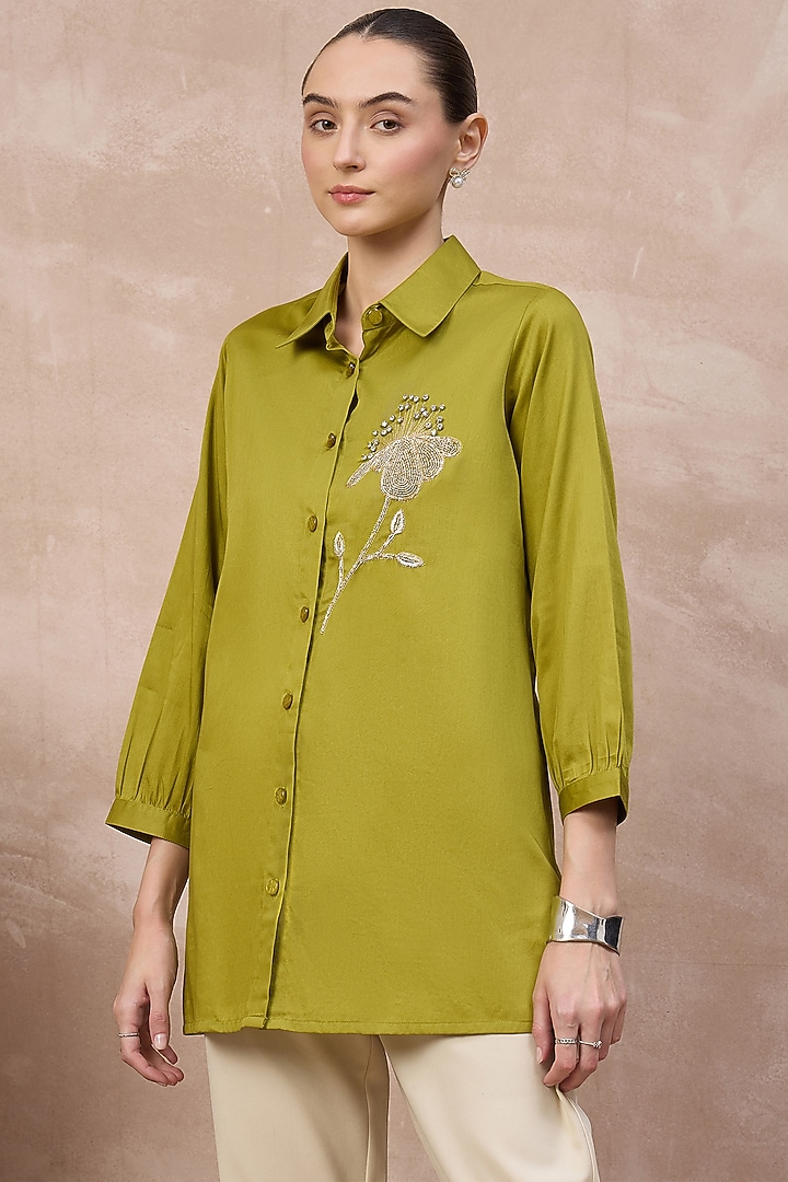 Olive Cotton Satin Hand Embroidered Shirt by First Resort by Ramola Bachchan at Pernia's Pop Up Shop