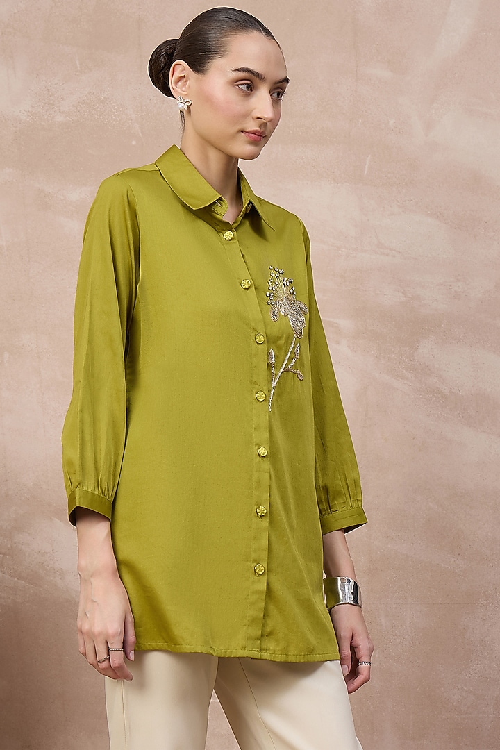 Olive Cotton Satin Hand Embroidered Shirt by First Resort by Ramola Bachchan at Pernia's Pop Up Shop