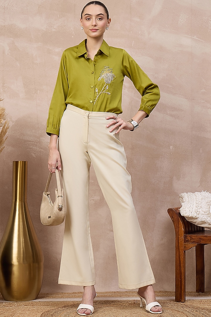 Olive Cotton Satin Hand Embroidered Shirt by First Resort by Ramola Bachchan at Pernia's Pop Up Shop