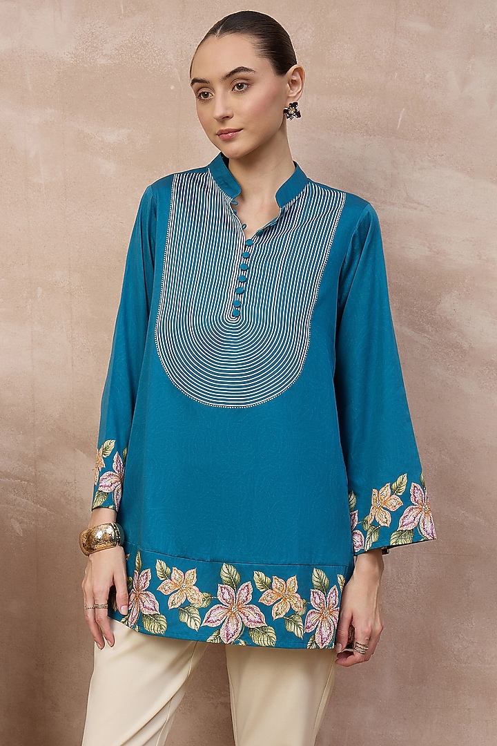 Teal Cotton Satin Embellished & Printed Short Kurta by First Resort by Ramola Bachchan at Pernia's Pop Up Shop