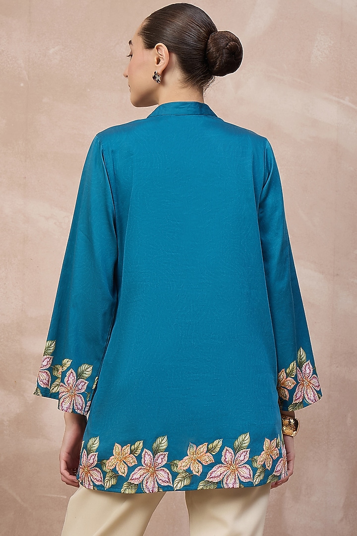 Teal Cotton Satin Embellished & Printed Short Kurta by First Resort by Ramola Bachchan at Pernia's Pop Up Shop