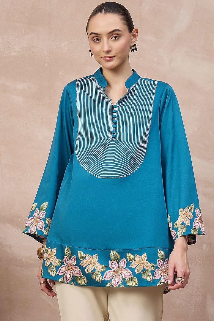Teal Cotton Satin Embellished & Printed Short Kurta by First Resort by Ramola Bachchan at Pernia's Pop Up Shop