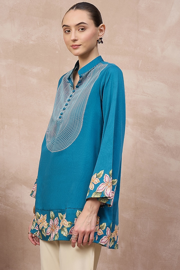 Teal Cotton Satin Embellished & Printed Short Kurta by First Resort by Ramola Bachchan at Pernia's Pop Up Shop