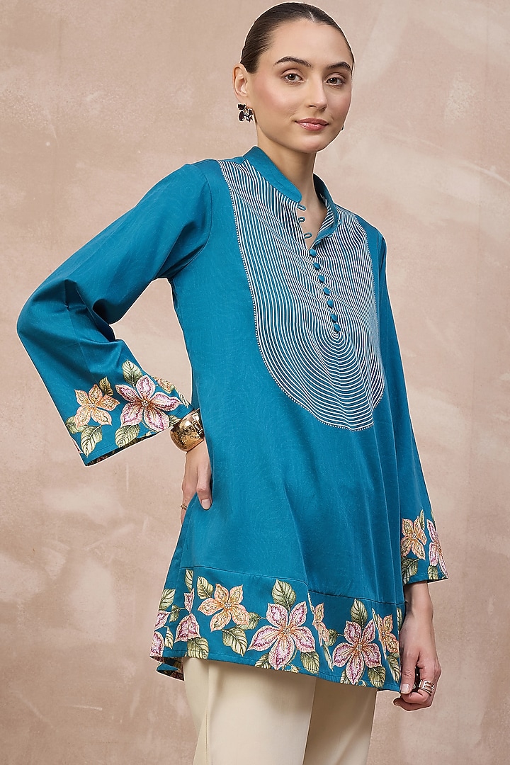 Teal Cotton Satin Embellished & Printed Short Kurta by First Resort by Ramola Bachchan at Pernia's Pop Up Shop