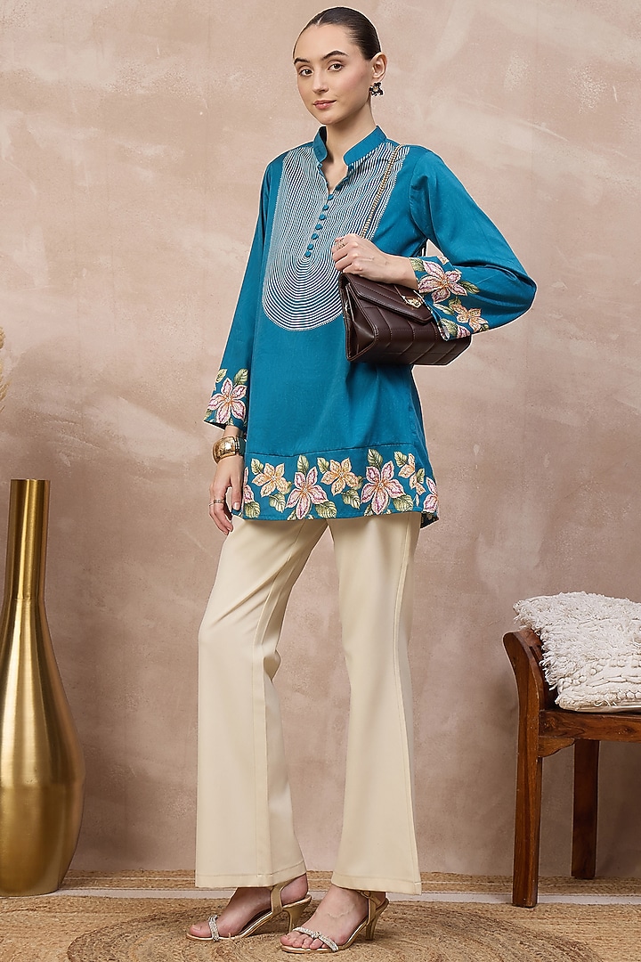 Teal Cotton Satin Embellished & Printed Short Kurta by First Resort by Ramola Bachchan at Pernia's Pop Up Shop