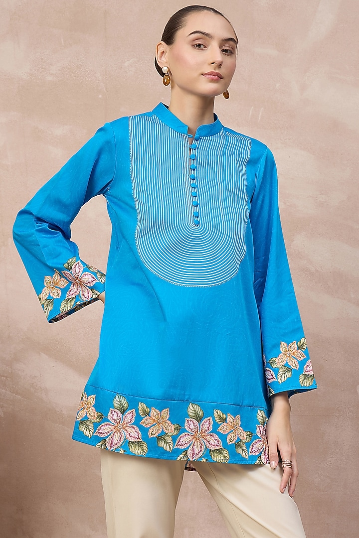 Sky Blue Cotton Satin Embellished & Printed Short Kurta by First Resort by Ramola Bachchan at Pernia's Pop Up Shop