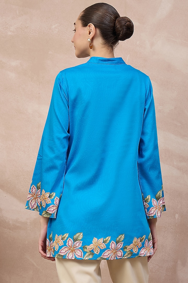 Sky Blue Cotton Satin Embellished & Printed Short Kurta by First Resort by Ramola Bachchan at Pernia's Pop Up Shop